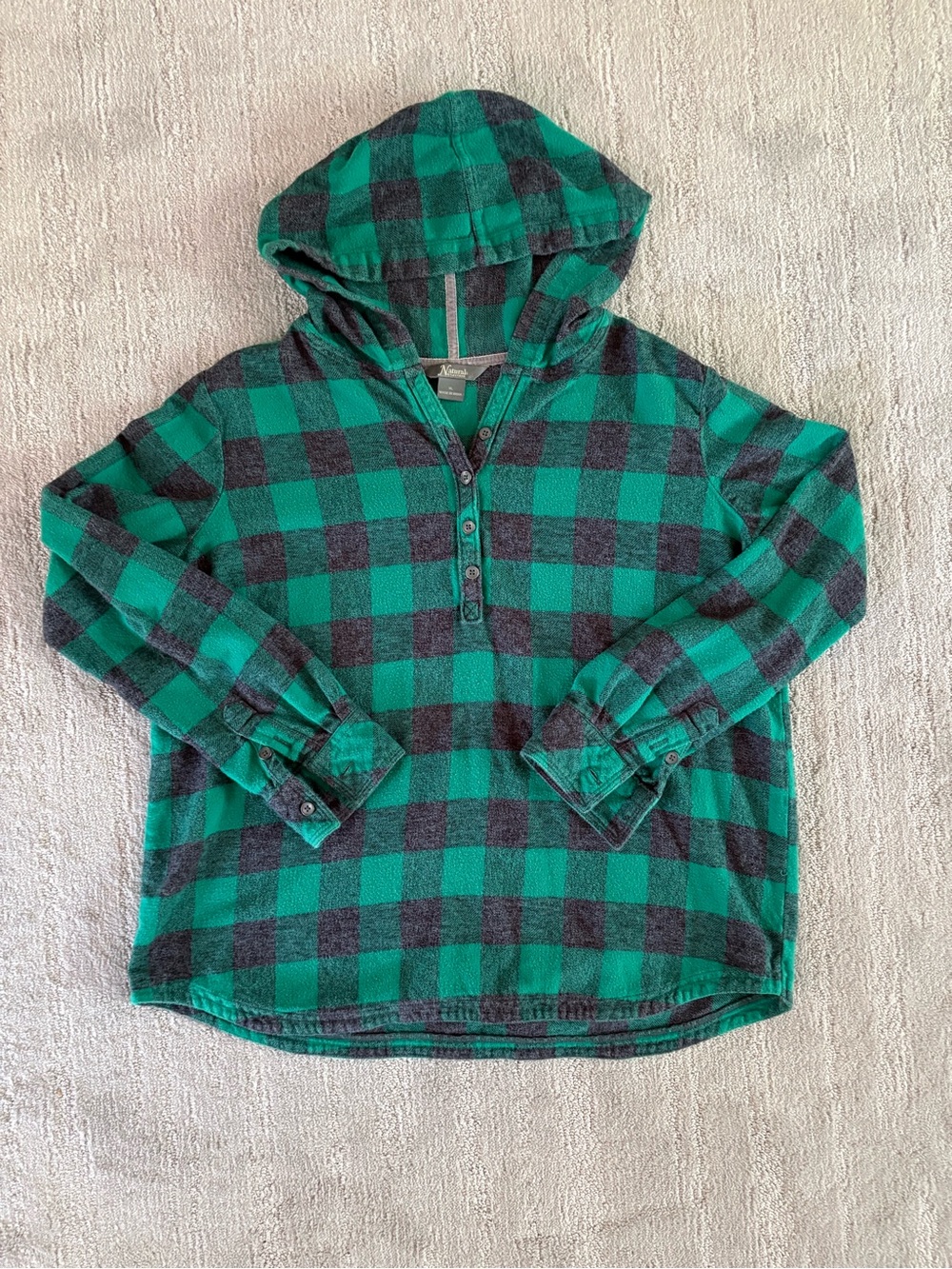 Natural Reflections Hooded Buffalo Plaid Flannel Henley Pullover Green Black XL